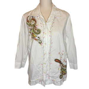 Women's Koret Large White Multi Color Embroidered Paisley Button Down Shirt